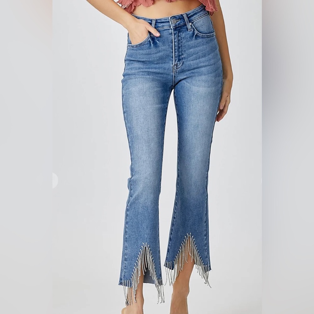 Stylish Vintage Blue Rhinestone Wide Leg Jeans